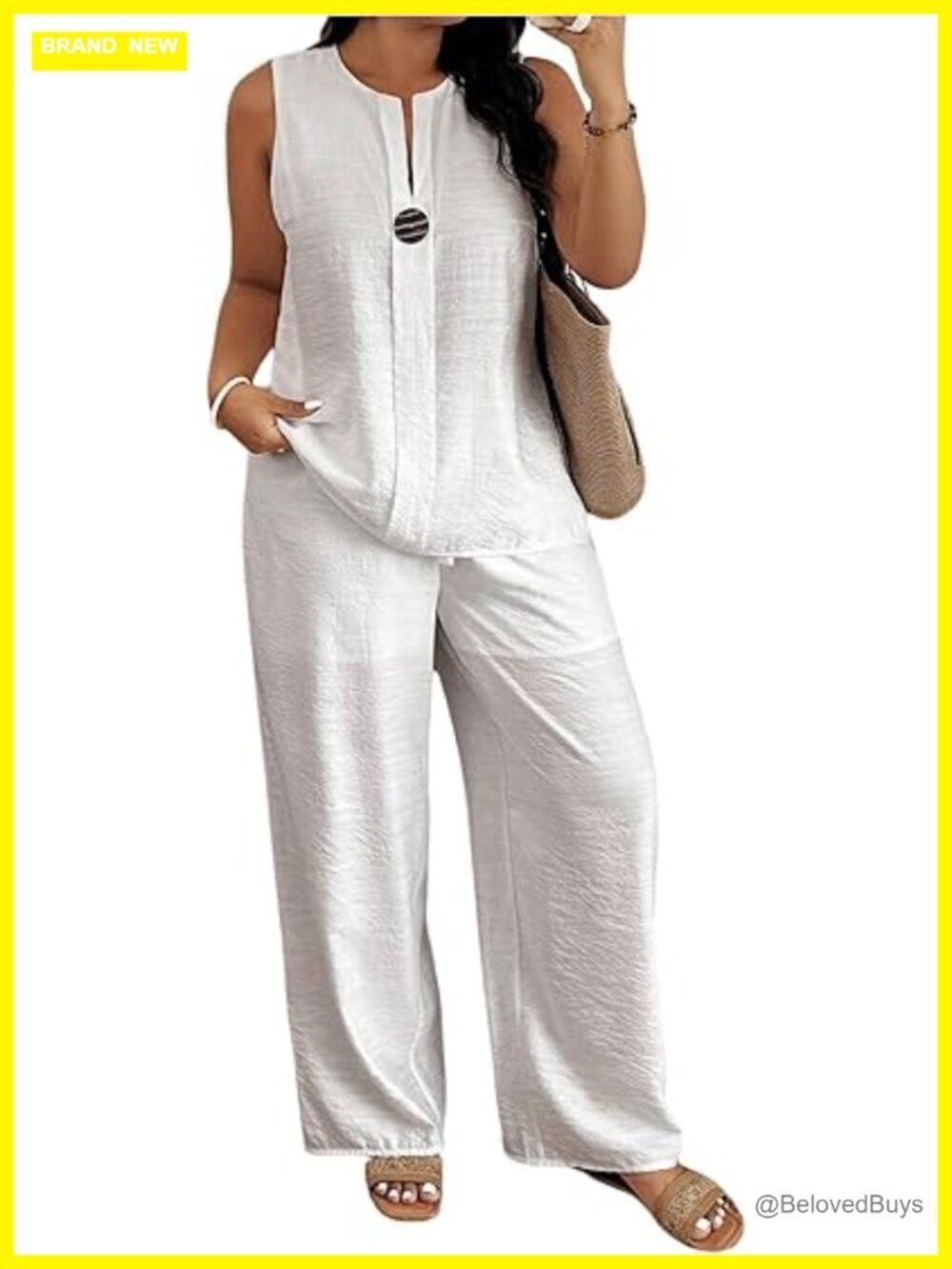 Women's Plus Size 2 Piece Outfits Notch Neck Tank Top and Wide Leg Pants
